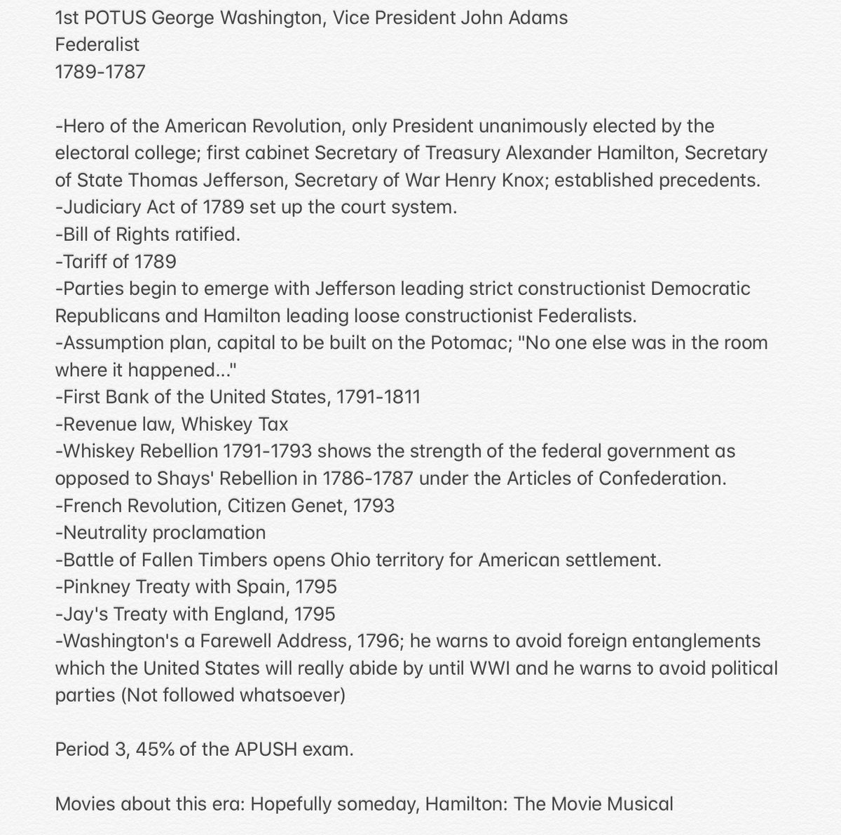 ChaseCatoRVHS's tweet photo. I’m a big believer that if you know the presidents and the key events of their administrations then that will help you with the bulk of your APUSH content. So with that in mind here is George Washington. #POTUSProfiles #APUSH1 https://t.co/VRDjIYRhrt