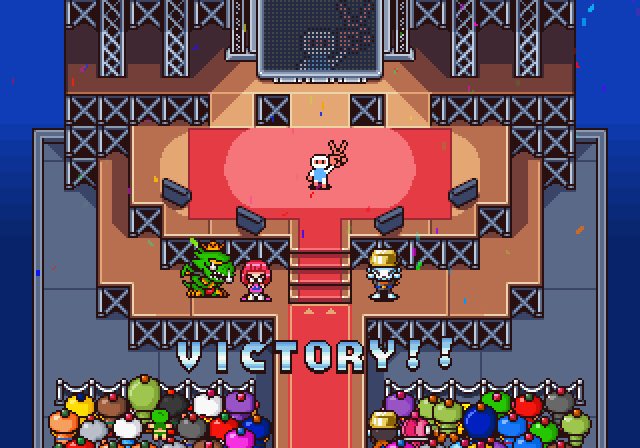 ポメポメ パワボンの最新版の優勝した画面すごい豪華になってるねしかも観客たちがボンバーマンだけでなく戦闘員も混ざっているのも良い Powerbomberman