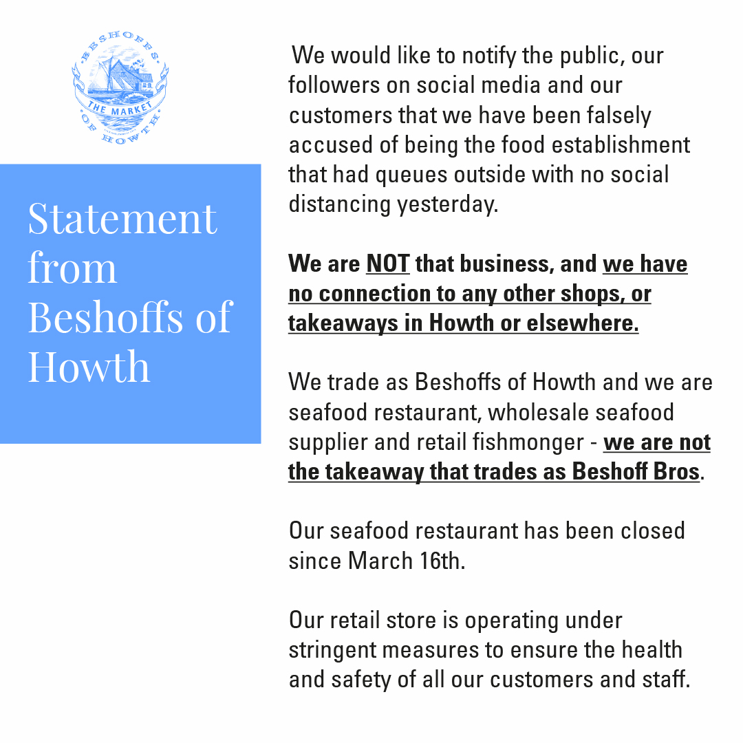 BeshoffsofHowth's tweet image. We are not the takeaway that trades as Beshoff Bros. Our seafood restaurant has been closed since March 16th.  Our retail store is operating under stringent measures to ensure the health and safety of all our customers and staff. beshoffs.ie