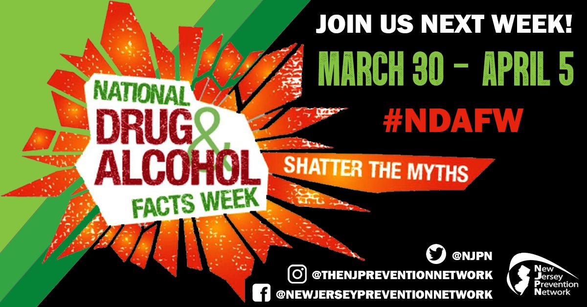 NJPN's tweet image. Join us virtually for the 10th Annual National Drug and Alcohol Facts Week! Each day next week, we will share scientific facts about drugs and alcohol. Feel free to share these posts on your own page! #NDAFW #SHATTERTHEMYTHS #NIDA #NJPN2020 #IMPACTNJ #PREVENTIONWORKS