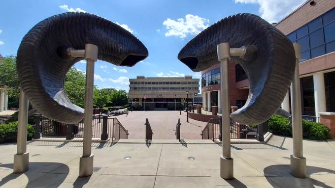 Ram Horns on the V C U commons, looking out over commons plaza.