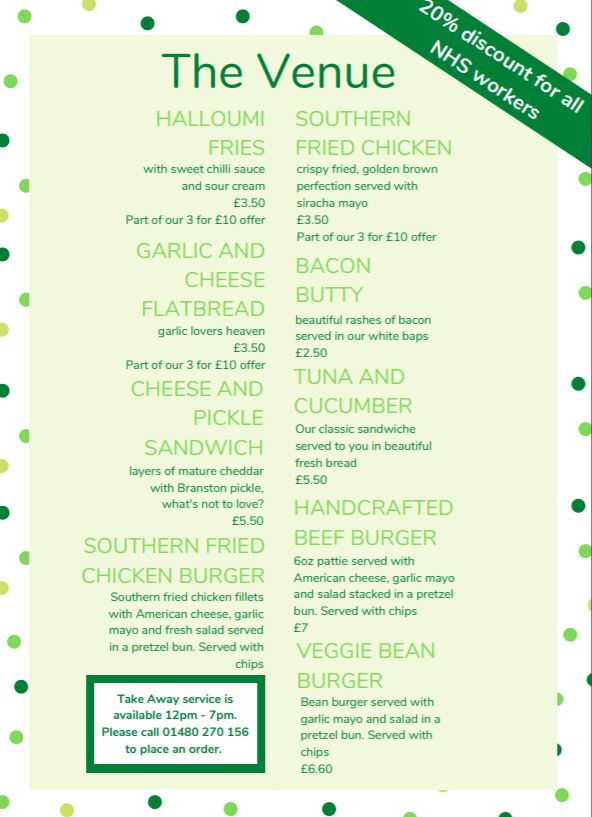 We are giving all NHS workers 20% off all food and drink at The Venue until further notice.

Collect your takeaway, and simply show us your NHS card to claim the discount.

12 – 7pm food will be available for takeaway only from The Venue.