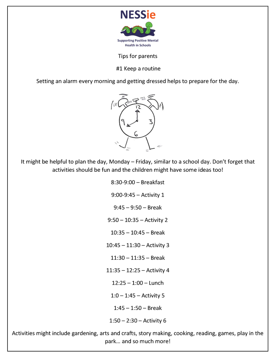 NESSieinEd's tweet photo. For #parents with #children at home. Top Tip #1: Keep A Routine. Remember a break is for you as well as for them, so step into the garden or call a friend. #covid19 #homeschooling #homeschool. https://t.co/zwB3uNOcWv