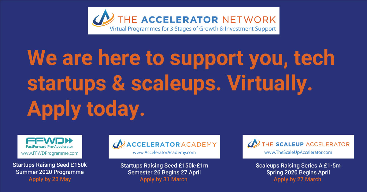 We're here to support #tech #startups &amp; #scaleups. We have adapted all our support programmes to enable smooth &amp; efficient #virtual delivery. We continue to help navigate #fundraising in the new normal &amp; invite you to apply via each programme website. #winningfromhome together💪