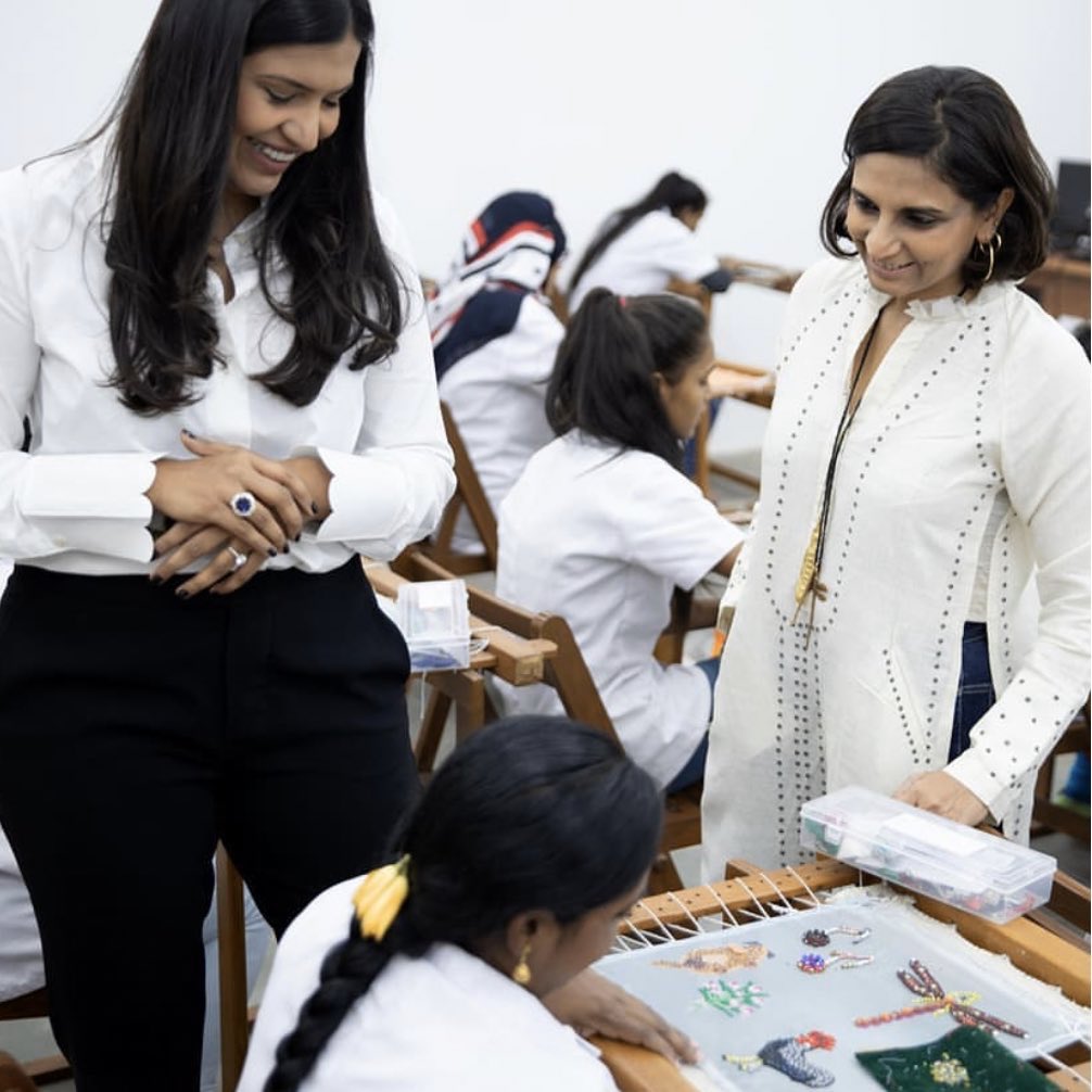 The woman in this photo is Monica Shah, 1 of 2 head designers of JADE. JADE is a couture Indian line. They also leverage Chanakya embroidering — It should also be noted that Monica + Karishma are good friends with Dior women’s CD Maria Grazia ChiuriSee, how those dots connect