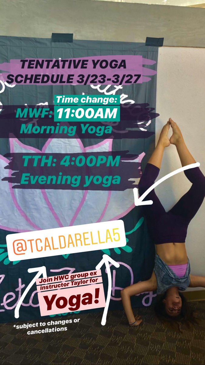 FSCHWC's tweet photo. Hey Mocs!
After some feedback, Taylor will now do the MWF yoga live streams at 11AM! Join group exercise instructor Taylor on Instagram (@Tcaldarella5) for yoga this week - MWF at 11am and TTh at 4pm.
#FSCWellness #FindYourFit https://t.co/flnXMn14HM
