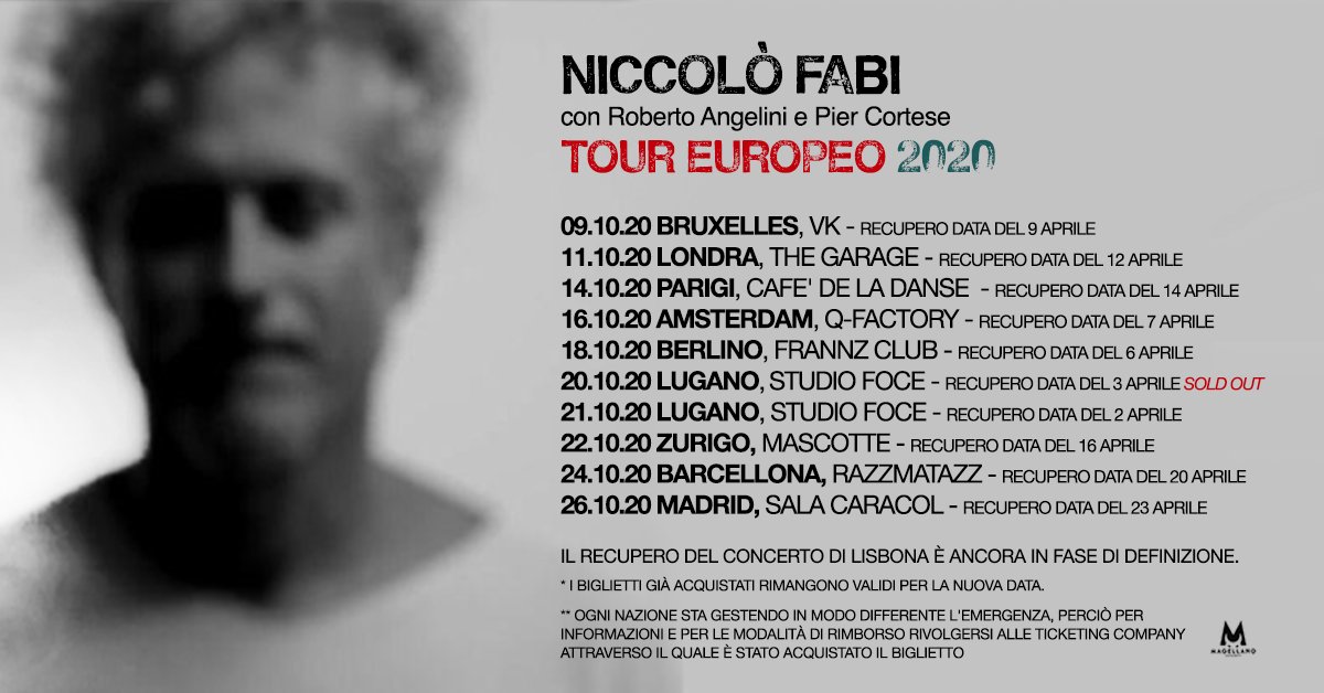 Annunciate le nuove date del tour europeo di Niccolò Fabi!
9 Ottobre 2020 - al VK Concerts di Bruxelles.