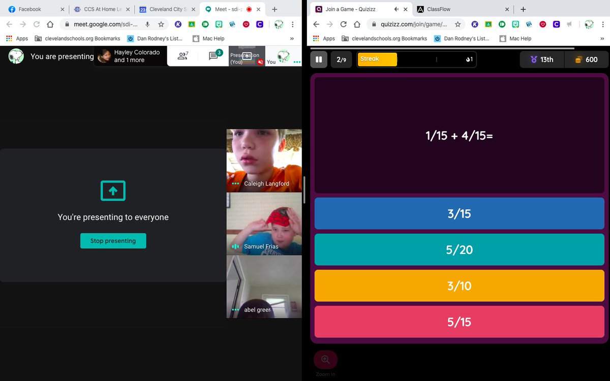 bhicks2220's tweet image. We did some fractions using Quizizz on our Google Hangout this morning. We also played a couple of fun trivia games.  They did a great job remembering how to add fractions!  #RISECleveland #CCSAtHomeLearning