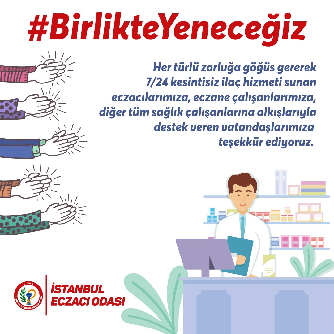 ist_eczaciodasi's tweet photo. Her türlü zorluğa göğüs gererek 7/24 kesintisiz ilaç hizmeti sunan eczacılarımıza, eczane çalışanlarımıza, diğer tüm sağlık çalışanlarına alkışlarıyla destek veren vatandaşlarımıza teşekkür ediyoruz. @saglikbakanligi @drfahrettinkoca #BirlikteBaşaracağız #BirlikteYeneceğiz https://t.co/G7XxXimdpi