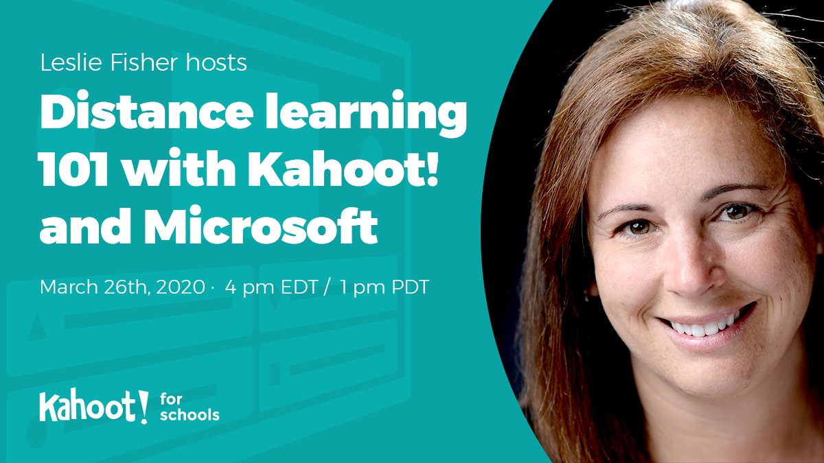 lesliefisher's tweet photo. Leslie Fisher Free Webinar: Distance learning 101 with Kahoot! - With guest, @justinchando who will talk about Kahoot! and Microsoft Teams integration and might even provide a sneak peak at some cool new Kahoot! and Teams features soon to be released https://t.co/6JV01tPyuN https://t.co/oYTXEaDH6T