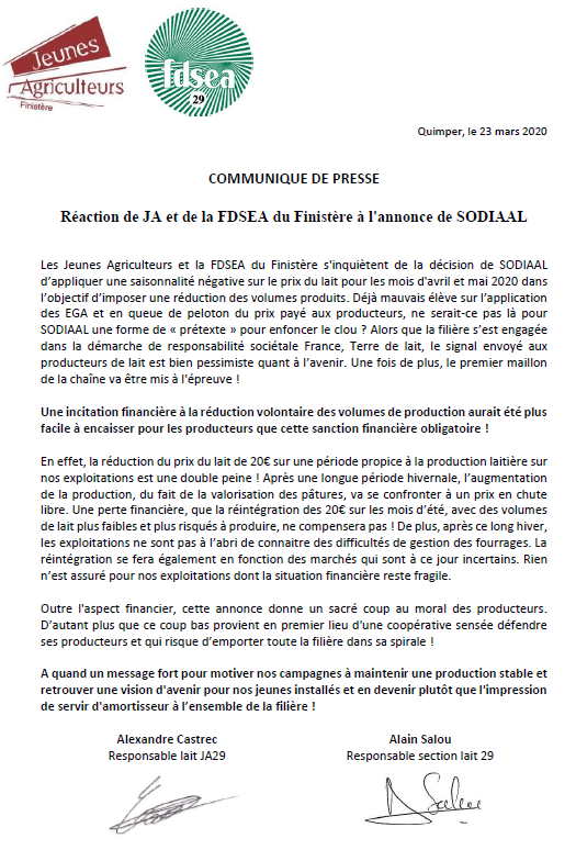 JA_Finistere's tweet photo. 🔗COMMUNIQUE DE PRESSE
Réaction de JA et de la @FDSEA_Finistere  à l'annonce de @SodiaalCoop 🥛 https://t.co/yTIrngHlrN
