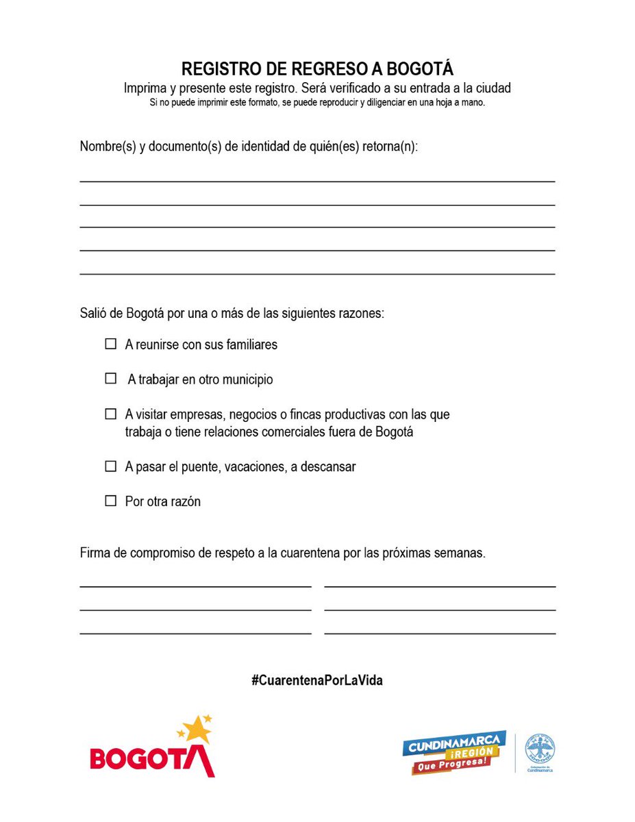 🚨ATENCIÓN 🚨 No olviden que para el ingreso, se debe diligenciar este formato. En caso de no tenerlo, se puede hacer también a mano.

¿Dónde pueden descargarlo? En nuestro portal bogota.gov.co De todos depende que el regreso a casa sea rápido, tráiganlo diligenciado!