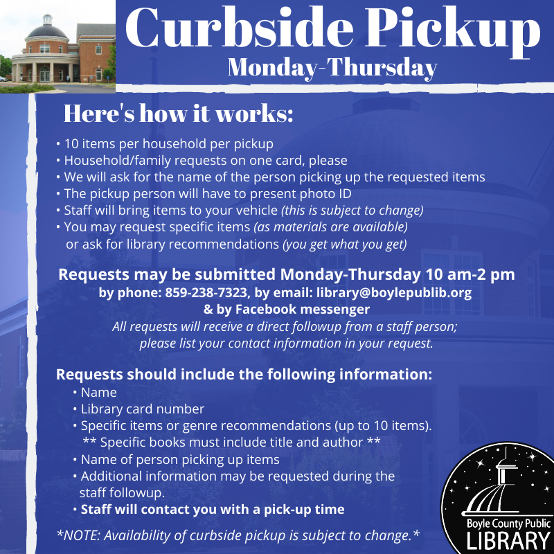 Running out of books? Starting today, the Library is offering limited curbside pickup, Monday-Thursday.

See the graphic for complete details. (All books will be wiped down before they are brought out to you.)