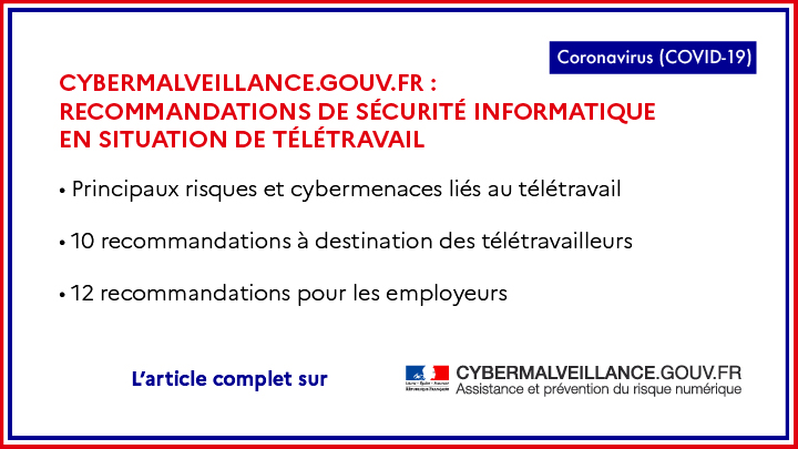 cybervictimes's tweet image. 🛡️[ #CORONAVIRUS / #COVID19]
#Télétravail 🏡: recommandations de #Cybersécurité pour les collaborateurs et employeurs

État de la menace et principales mesures de #sécurité à mettre en œuvre pour le télétravail en situation de #crise

👉 cybermalveillance.gouv.fr/tous-nos-conte…

#PME #CollTerr
