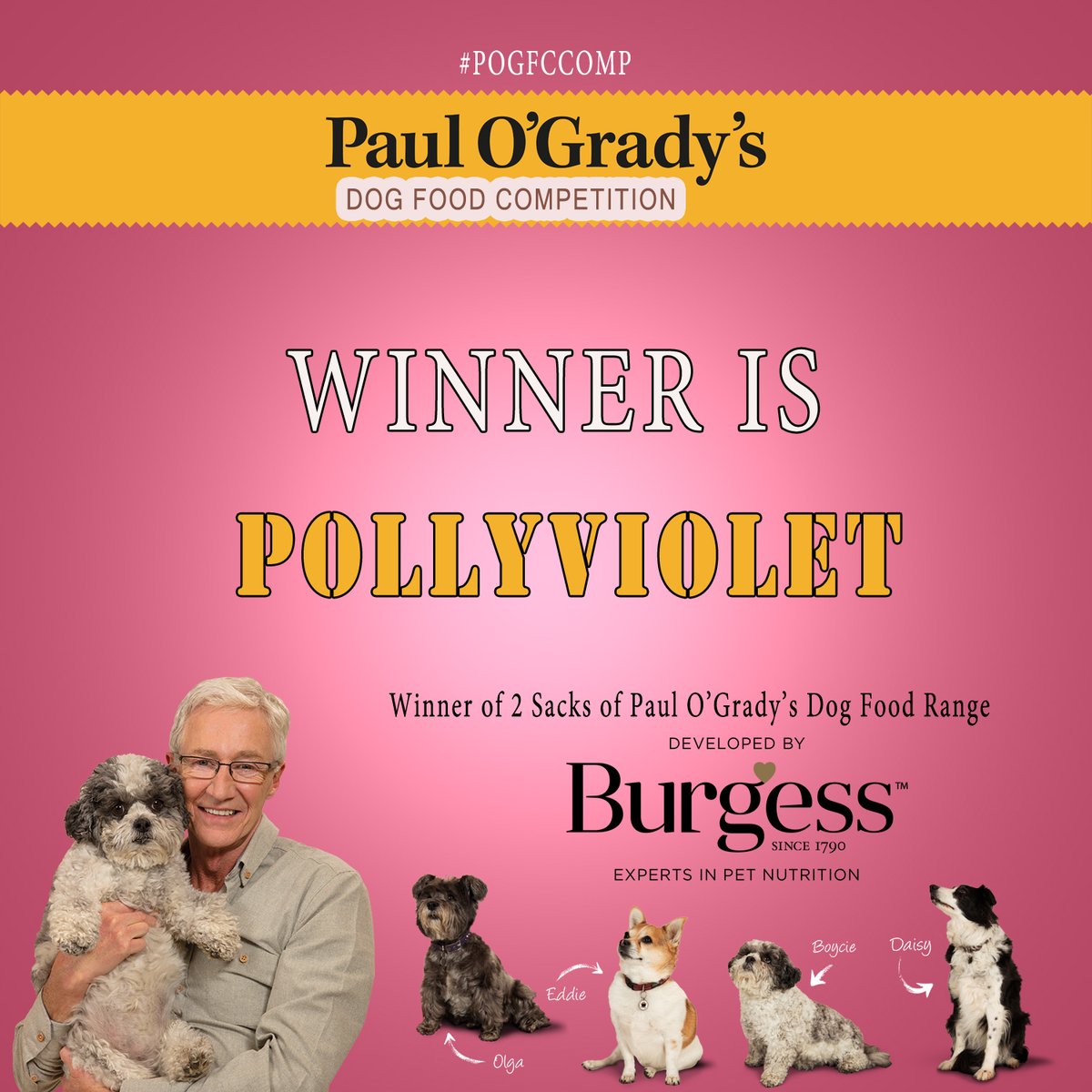 PaulOGrady_FC's tweet photo. Thanks to all of you who entered the #POGFCComp for @POGDogFood developed by @BurgessPetCare. The Winner of the two sacks of #pogdogfood is Instagram user @pollyviolet. Please message us your email , home address &amp; contact number. The prize will be with you shortly. 
#pogfans https://t.co/e2S6hl9JZ3