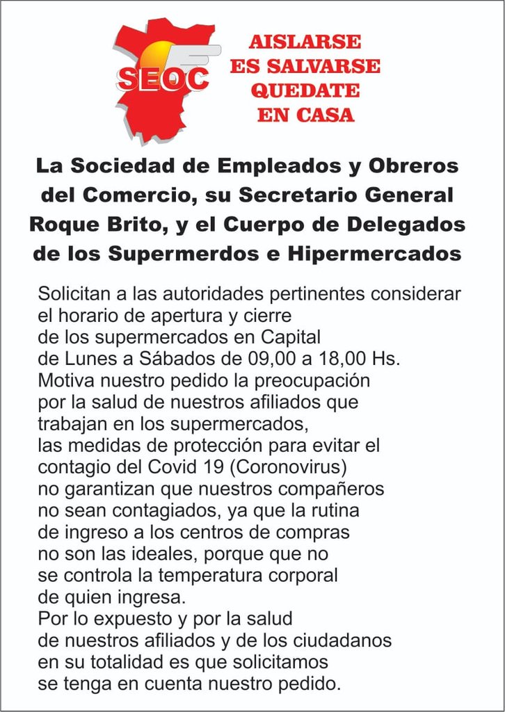 RadioTucuman971's tweet image. SEOC | El gremio y los delegados de super e hipermercados piden a las autoridades, modificar el horario de atención, ya que las medidas de protección no bastan para evitar el contagio 

#QuedateEnCasaEscuchandoLaRadio 97.1
#RTuc 📻
En vivo 👉 radiotucuman.com