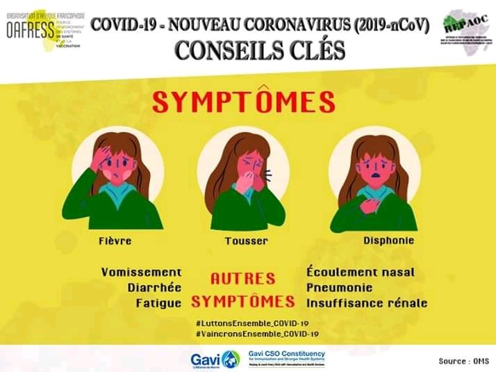 #COVID19
FR: La maladie à coronavirus 2019 (COVID-19) se caractérise par des symptômes bénins parmi lesquels un écoulement nasal, un mal de gorge, de la toux, et de la fièvre.

#OAFRESS
#WHO
#UNICEF
#GAVI
#FORUS