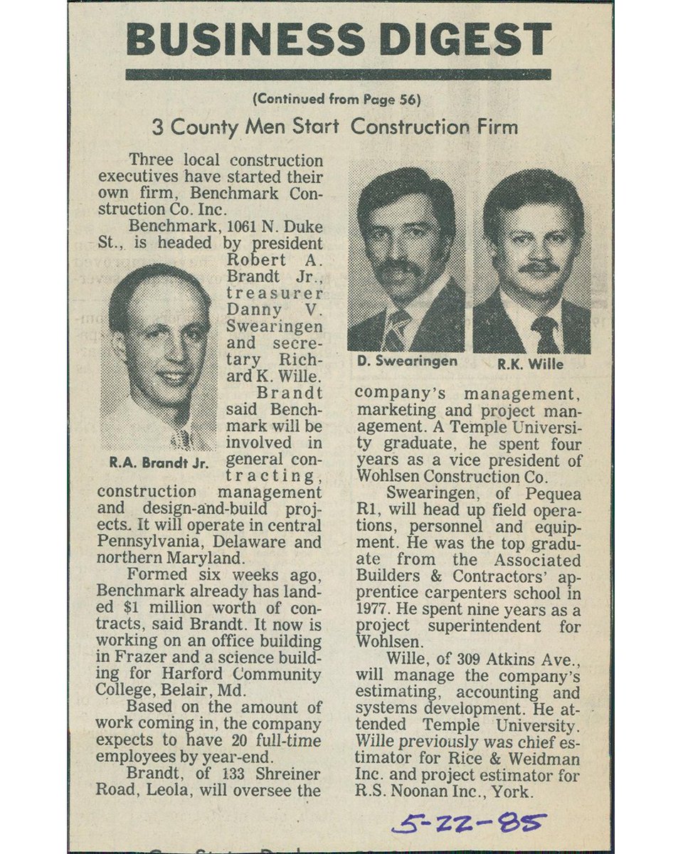 BenchmarkBuilds's tweet image. It’s our anniversary! We are going to #TBT but on a Monday! Look at the newspaper announcement from 5/22/85 on the formation of Benchmark. To this day, we are still offering general contracting, construction mgmt &amp;amp; design-build services.

#BuilttoAchieve #bringonthenext35