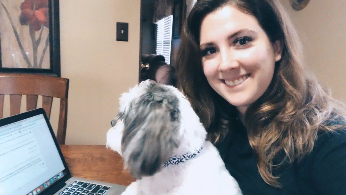 ms_adams_'s tweet photo. My teaching assistant and I hard at work for Day 4 of eLearning! #PajamaDay #virtualspiritweek #thestjamesway #justkeepswimming https://t.co/JMfiGhFekV