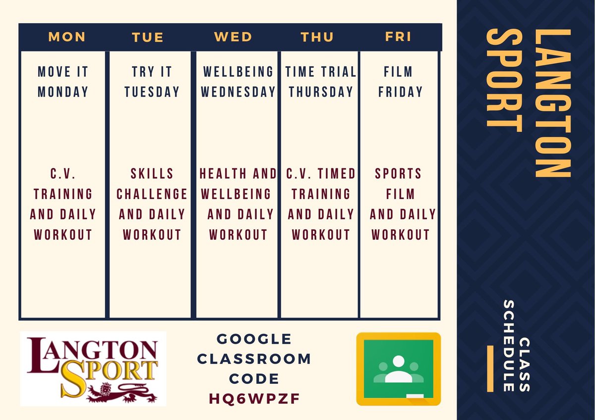 Beginning Monday 30th March.  Join our classroom to receive the daily sports workouts, challenges and information!