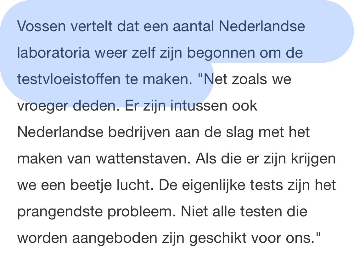 Als ik dit verhaal moet geloven, is er tekort aan wattenstaafjes, plastic platen, filtertips en vloeistoffen. Maar al die dingen kunnen we zelf maken. (1) Waarom hebben we gewacht totdat er een tekort was?(2) Wat is nodig om productie op te schalen? https://nos.nl/artikel/2327746-testcapaciteit-coronavirus-in-gevaar-door-tekort-aan-laboratoriummateriaal.html