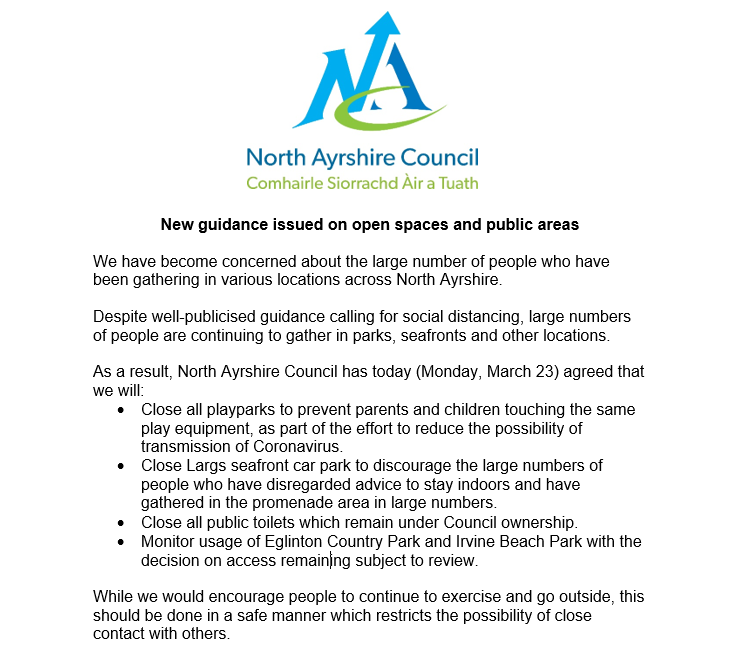 North_Ayrshire's tweet photo. We are concerned that people have been gathering in large numbers in some public areas. To protect us all, we need to respect social distancing. Today, we have agreed to close playparks, public toilets and Largs seafront car park. https://t.co/YHb72DFCD1 https://t.co/CYtmKojbpm