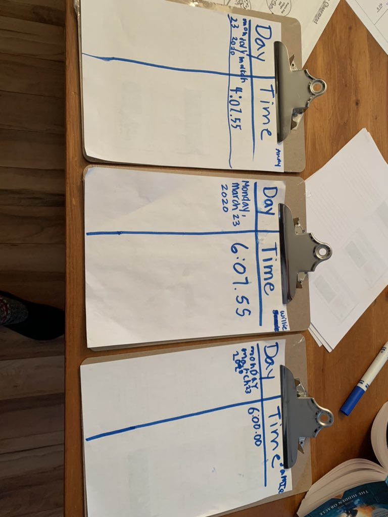 This morning I made my kids run around a city block. We timed ourselves and recorded our results on a chart. We will do this every day for as long as we can and will then chart our times in a graph to see if we improve (or not 🤪). <a href="/mikkihymus/">Mikki Hymus</a> <a href="/TDSB_Grenoble/">Grenoble Public School</a>