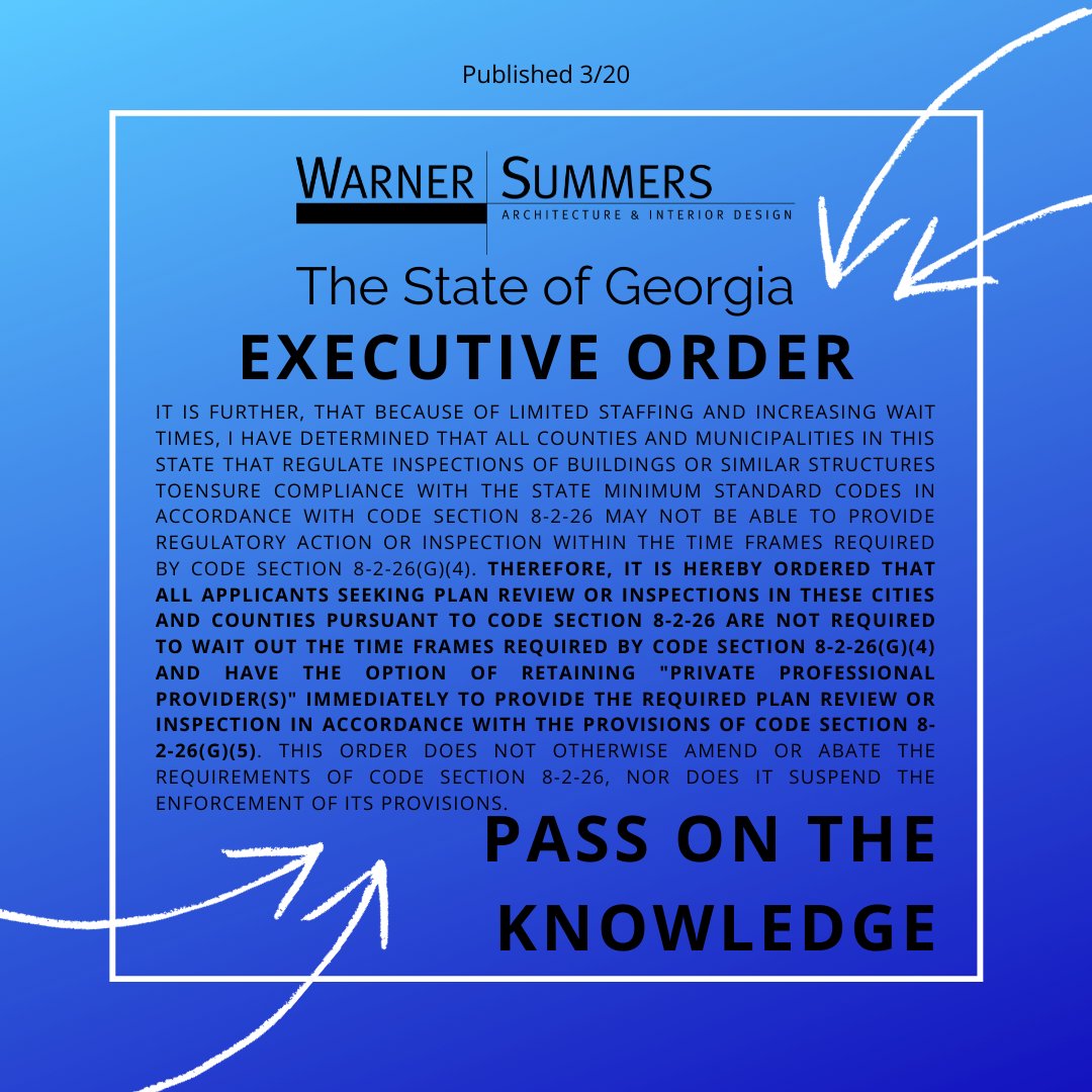 WarnerSummers's tweet image. On 3/20 Governor Kemp published an executive order backed by the Georgia General Assembly that those seeking plan review or inspections &quot;have the option of retaining &apos;private professional provider(s) immediately&quot;. ow.ly/lAJk50yTesU
#passontheknowledge