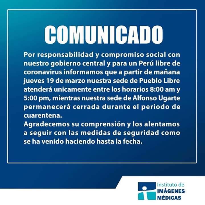 InstImagMedicas's tweet photo. A tomar en cuenta. Y la atención sólo en Pueblo Libre.

#YoMeQuedoEnCasa #COVIDー19 #Coronavid19 https://t.co/XEmwsmKIRN https://t.co/FLTIGlTxKF https://t.co/Lxs7Tr2601