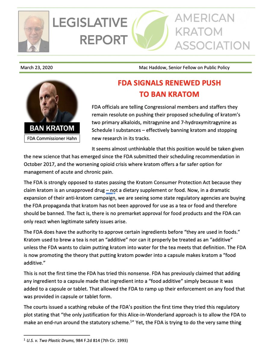 HaddowMac's tweet photo. The threat to keeping kratom is real. In the midst of the COVID-19 Pandemic, we have repeated reports of the active work by the FDA to promote the ban on kratom.

We have to be vigilant.

For those that have questions, AKA will host a Q&amp;A session so stay tuned for the notice. https://t.co/wWUSoxd2pS