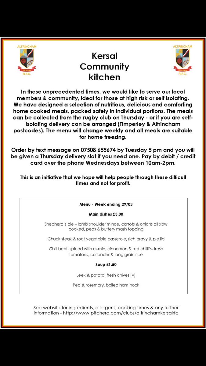 AltrinchamRFC's tweet image. At the club we have put together something for the local community. 

Let us know if anyone requires help and we are happy to make the food for them. 

All details on the poster attached.
