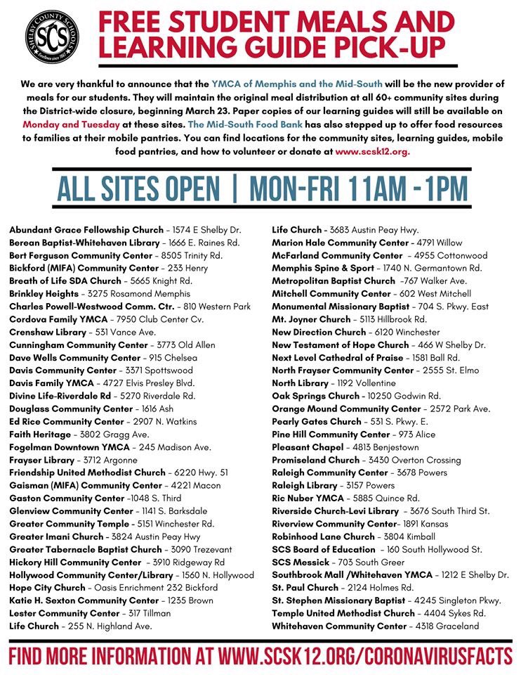 MSCSK12's tweet photo. Pick-up sites are open until 1! Thank you to @YMCAMemphis for helping feed our children. ❤️ Learning guides are available Mondays and Tuesdays (Thanks, @IntlPaperCo!) These are reserved for those without internet access.
More instructional and food info: https://t.co/6F2GDwZYfN https://t.co/9FL5rzZ2W0