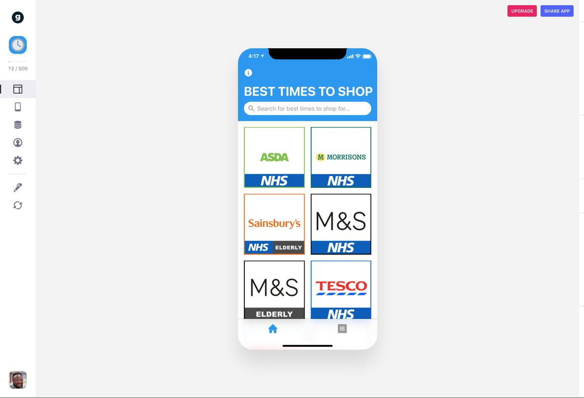 Over the weekend I made an app to help health workers &amp; the elderly know the best times to visit supermarkets.

👉 safertimes.glideapp.io 👈

It's set up so it's easy to copy for your area.🌍

Powered by <a href="/glideapps/">Glide</a>. Inspired by <a href="/bentossell/">Ben Tossell</a> and the whole #nocode community.