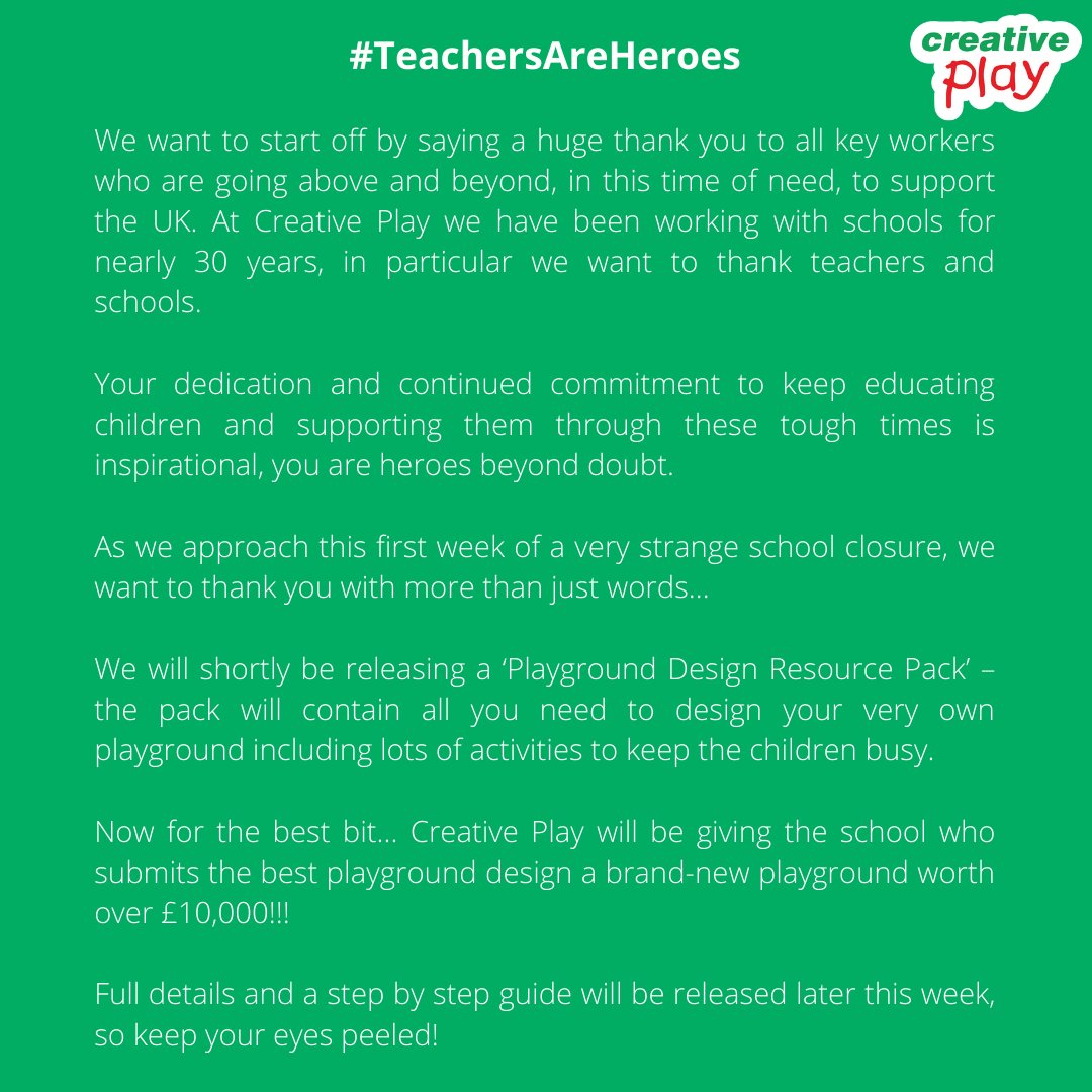 CreativePlayUK's tweet image. We ❤️ Teachers 

Our way of saying thank you to teachers...

WIN a playground for your school worth over £10,000 !!!

Details in the image below:

#PlaygroundPrize #WinAPlayground #Thankyou #KeepYourEyesPeeled
