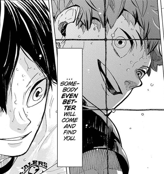 HOW CAN YOU SAY KAGS NOT WAITING HINATA HOW???!!!! and yeah bj won the first set with hinata tosses for the last point. and sudden kags remember everything, his grandpa words, hinata's words, then he found hinata looking at him like 'i promise right?' hinata find him again.+