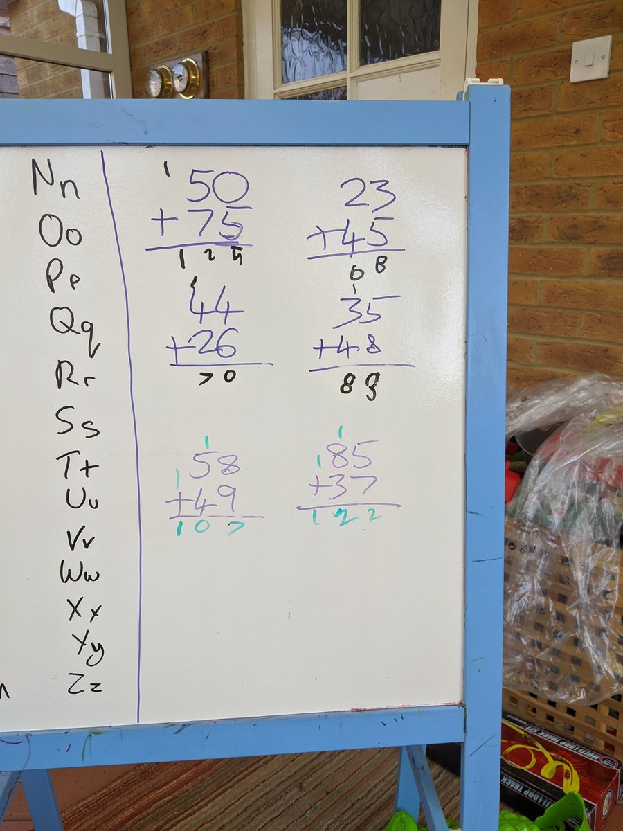 Teaching my 6 year old long addition today but now I am in trouble as this is the wrong way. Apparently they do it diagonally now. #homeschool
