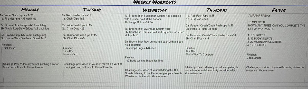 HornetAthens's tweet photo. Workouts for the week! Any questions please contact your position coach. We love and miss you all! #SWARM https://t.co/RxupZQK2G9