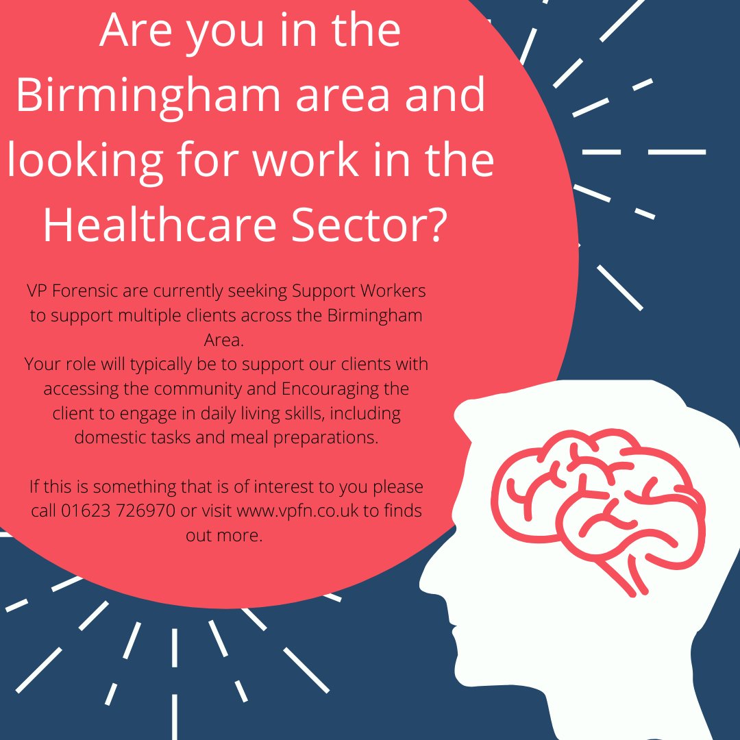 VP Forensic are currently seeking Support Workers to support multiple clients across the Birmingham Area. 
If this is something that is of interest to you please call 01623 726970 or visit vpfn.co.uk to find out more. #recruitment #community #VPForensic #support