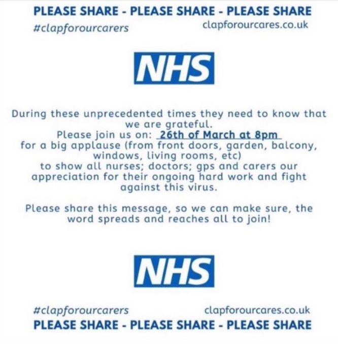 Please join us tomorrow at 8pm for a nationwide applause to show all nurses, doctors, GPs and carers our appreciation for their hard work in the fight against #coronavirus. 👏👏 #ClapForOurCarers