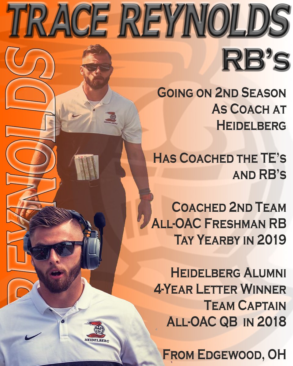 Coach_Donaldson's tweet photo. Meet the Coaches Monday continues with another Heidelberg Alum who is going into his 2nd year as our RB's Coach, Trace Reynolds

Trace was an All-OAC QB for us in 2018, a 4-year letterwinner and team captain

He recruits Dayton/Cincinnati (937/513). 

Follow: @CoachReynolds__ https://t.co/55vfxXdlug