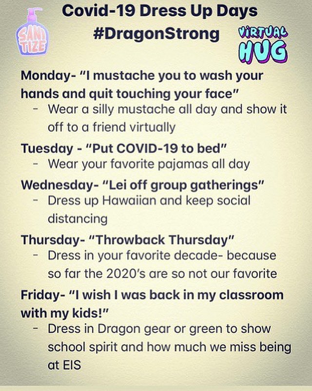 Let’s do this, <a href="/EubanksDragons/">Eubanks Intermediate</a>! Dress up days to make this week a little more fun💚 #EISfamily #DragonStrong #WeMissYou #DragonsDressUpToo