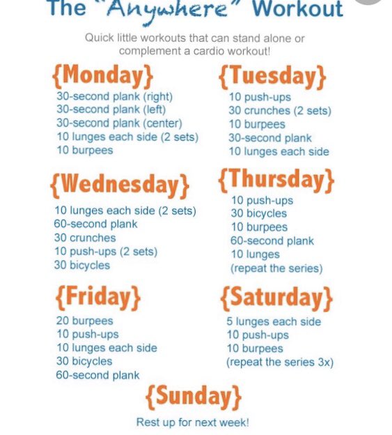Looking for quick little workout that can stand alone or complement a cardio workout? Try this “Anywhere” workout this week! Stay well!!!