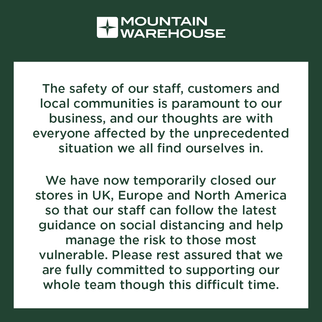 MountainWHouse's tweet image. An update from Mountain Warehouse...