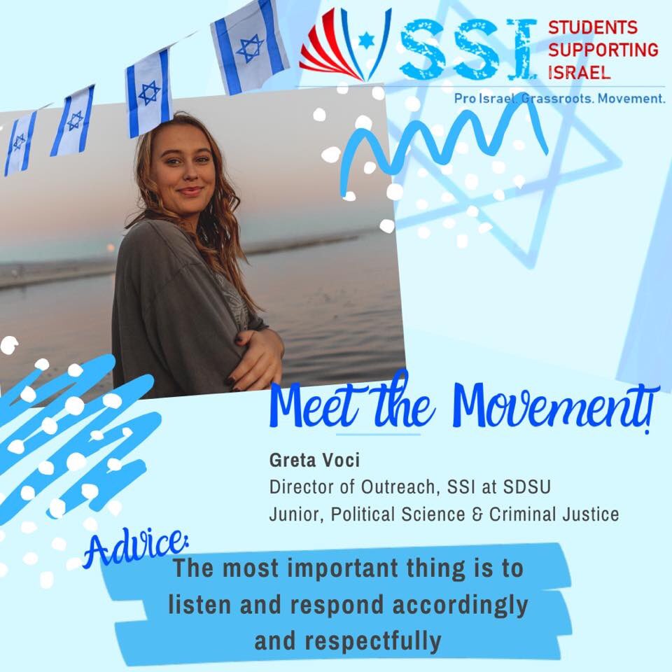 SSI_Movement's tweet photo. Next meet Greta Voci, the Director of Outreach at Students Supporting Israel at SDSU! @ssi_sdsu
Greta is a junior studying Political Science & Criminal Justice! Her advice: Listen and respond accordingly and respectfully!
#MeetSSI #SSIMovement https://t.co/K94JaZt5GK