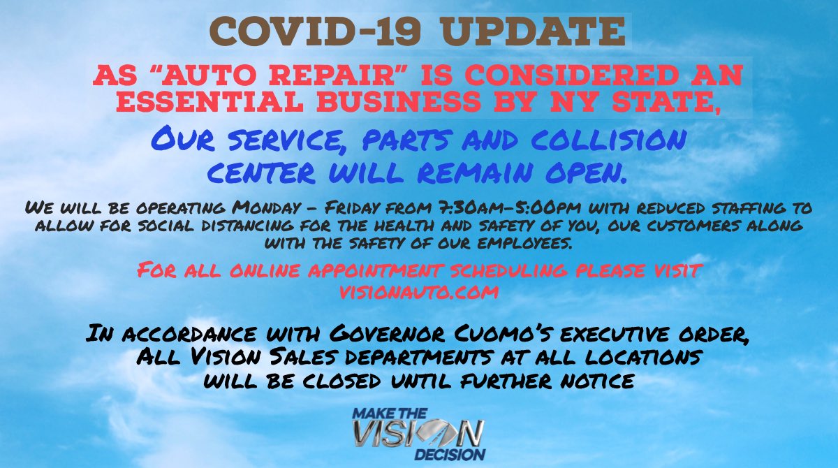 VisionRocAutos's tweet photo. Here is an update on what departments are here and ready to service you!
#Rochester #StaySafe #Covid_19 #MakeTheVisionDecision #TheSmartDecision #SocialDistancing #covid19 #autorepair #roc https://t.co/stTCuIhISs
