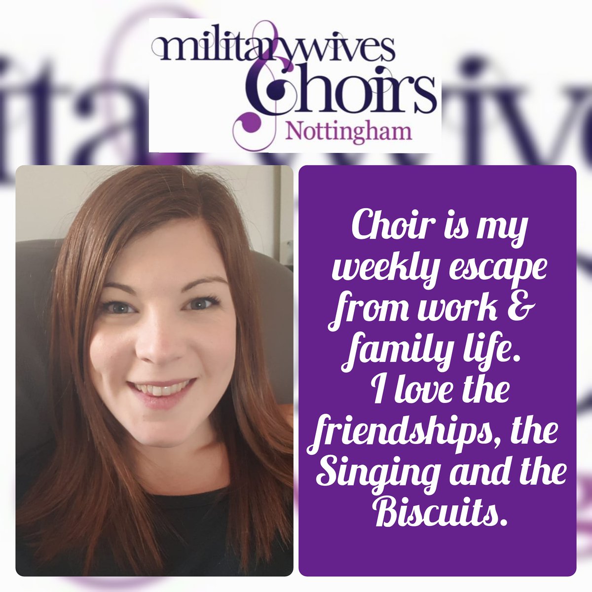 This is Amy, one of our super organised committee members who looks after our events. She's an awesome alto who loves singing, brews and biscuits. 🎶
Amy's fave song is 'For Good' from Wicked. Have you seen it? 💚

#MilitaryWivesChoirs #choir #strongertogether #singsharesupport