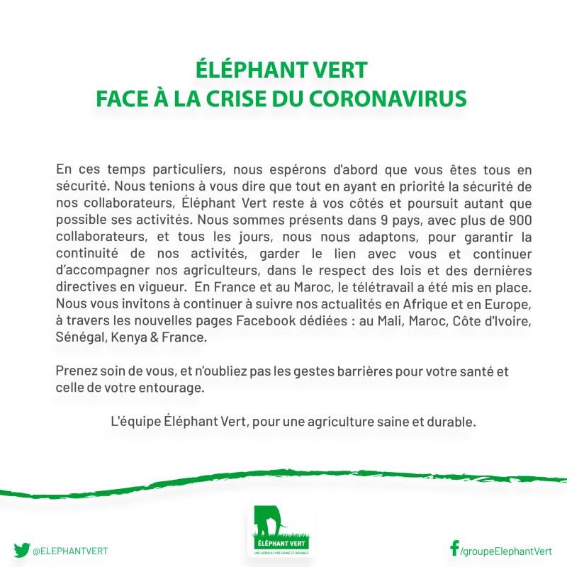 Nous sommes là pour vous. Kenya : info@kenyabiologics.com ;
Mali : contactmali@elephant-vert.com ; Côte d’Ivoire : contact.cotedivoire@elephant-vert.com ; Sénégal : contactsenegal@elephant-vert.com ; Maroc : evmaroc@elephant-vert.com ; France : contact.eveurope@elephant-vert.com
