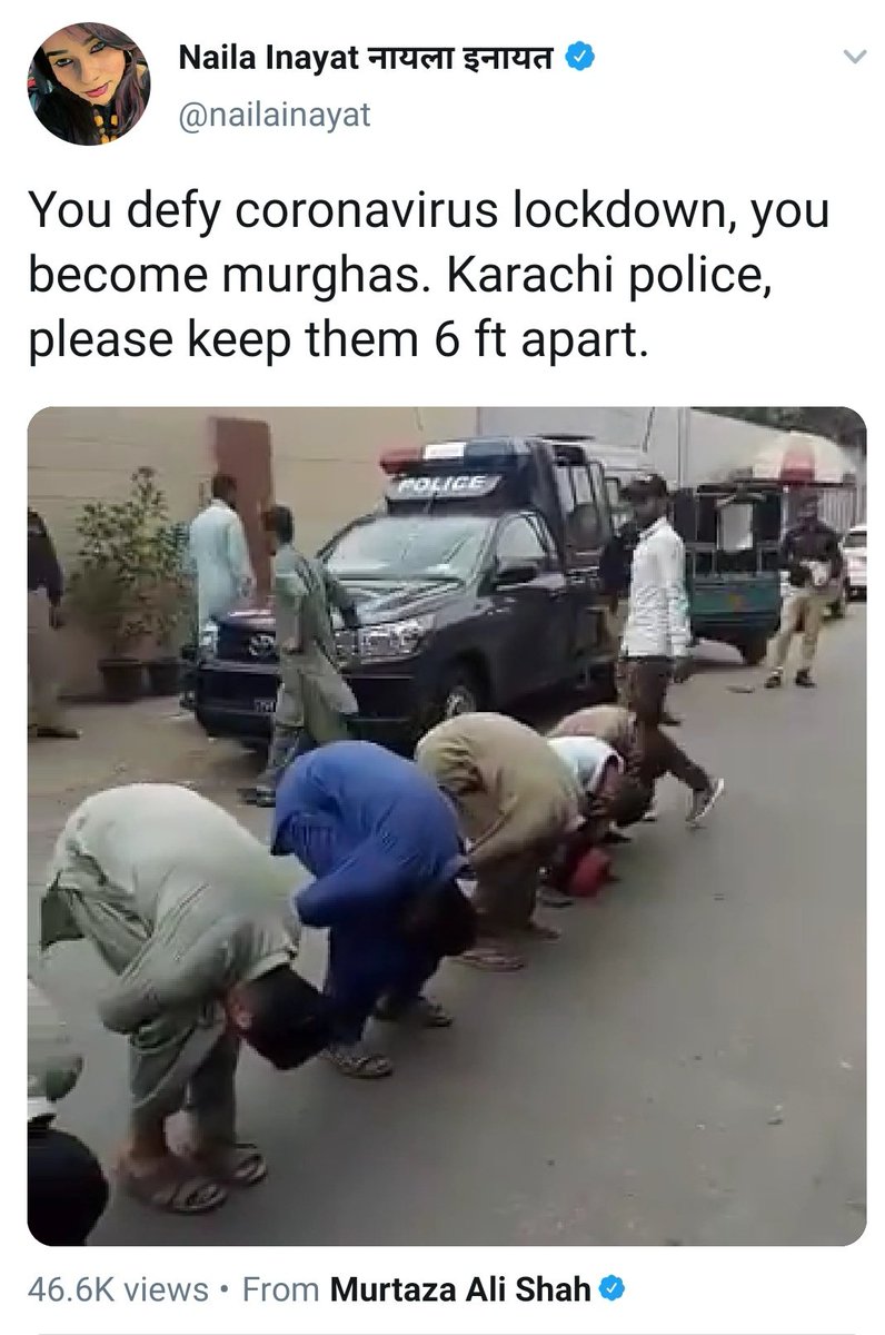World will go down due to those who couldn't understand the monster that's  #corona & despite the world asking them to stay at home, ventured out risking spread or contraction of virus. Police everywhere is punishing such folks in unique ways.  #CoronaTales Tweet via  @nailainayat