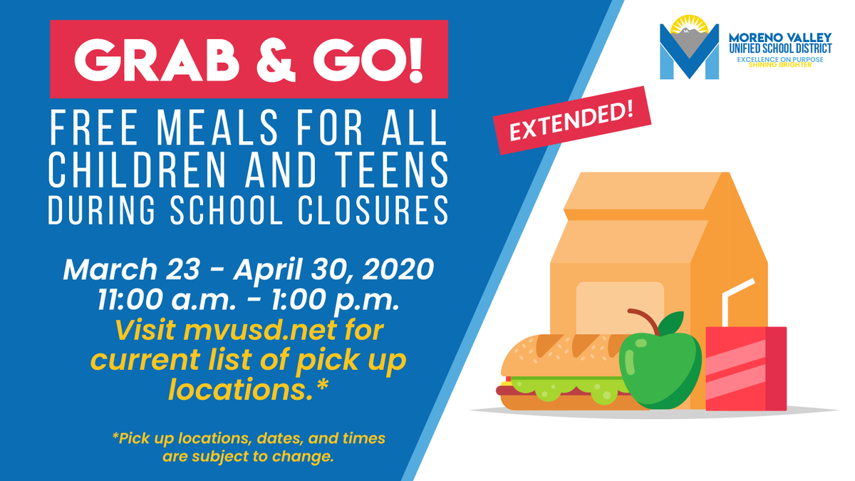 MorenoValleyUSD's tweet photo. #COVID19 Update: Our "Grab & Go" free meals program continues today, but the following schools will no longer be serving meals: Moreno Valley HS, March Mountain HS, March Valley, and Bayside Community Day School. See list of nearest pick up school sites: https://t.co/85vqFpEFXg https://t.co/iaRkyuMquf