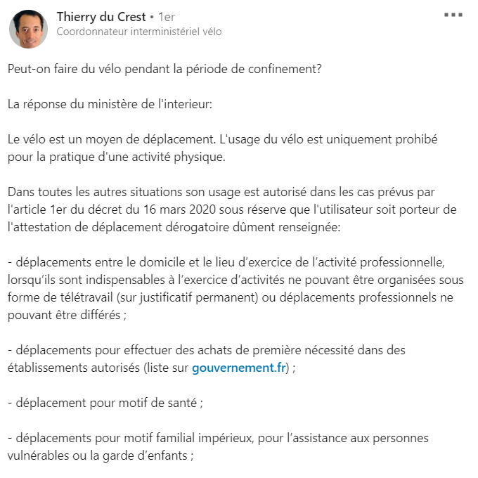 oschneider_fub's tweet photo. Merci pour cette mise au point du @gouvernementFR, via le coordonnateur national vélo 🚲
La position de @Place_Beauvau est donc exactement celle du CP de la @FUB_fr : #RESTEZCHEZVOUS mais pour déplacements indispensables, le 🚲est une solution efficace, assurant #Distanciation https://t.co/UEguC4DNUe